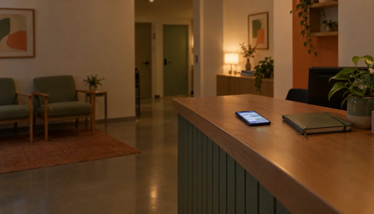 Akşam saatinde boş klinik resepsiyonunda masada duran ve mesaj ekranı açık bir telefon